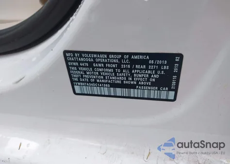 2013 Volkswagen Passat 2.5L Se z USA, uszkodzony, nr VIN 1VWBH7A34DC141383